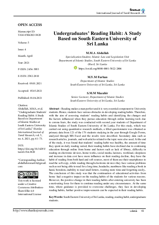 (PDF) Undergraduate Students’ Reading Habit: A Study Based on ...