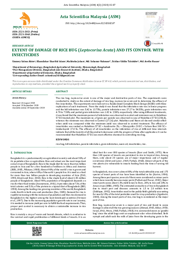(PDF) EXTENT OF DAMAGE OF RICE BUG (Leptocorisa Acuta) AND ITS CONTROL ...