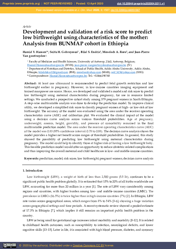(PDF) Development and Validation of a Risk Score to Predict Low ...