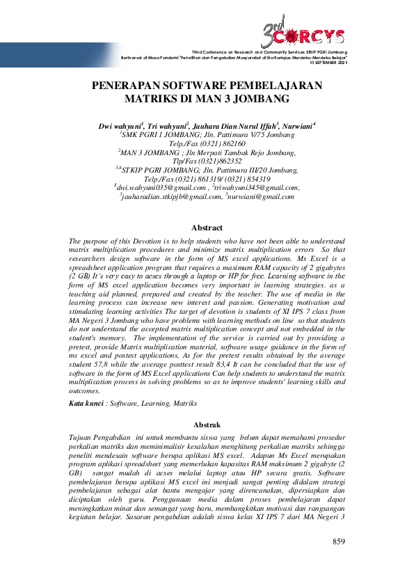 (PDF) Penerapan Software Pembelajaran Matriks DI Man 3 Jombang