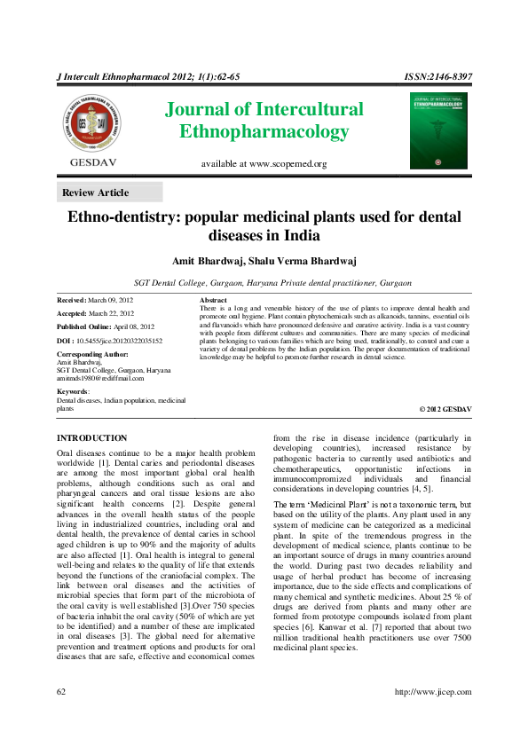 (PDF) Ethno-dentistry: popular medicinal plants used for dental ...