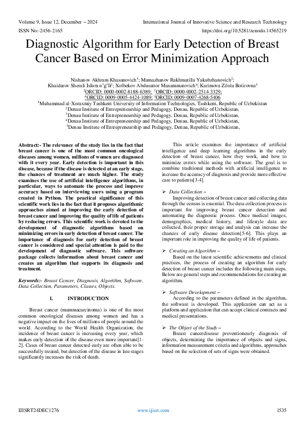 (PDF) Diagnostic Algorithm for Early Detection of Breast Cancer Based ...
