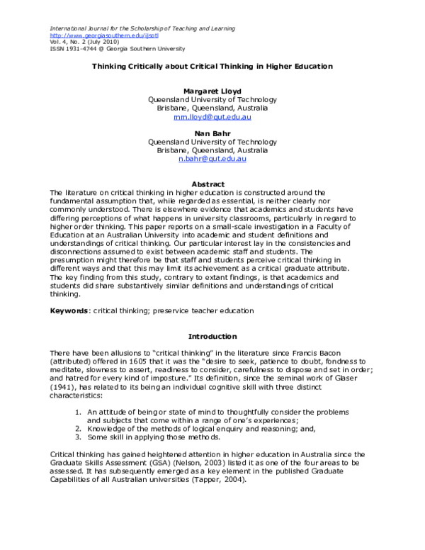 (PDF) Thinking Critically about Critical Thinking in Higher Education