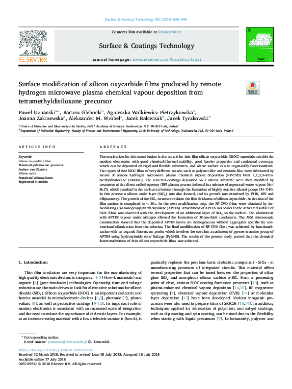 (PDF) Surface modification of silicon oxycarbide films produced by ...