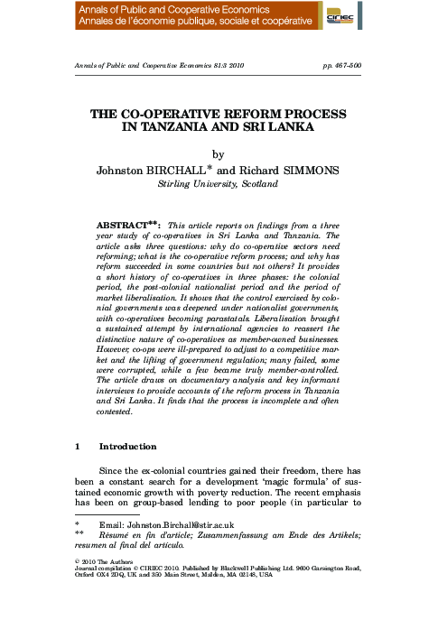 (PDF) The Co‐Operative Reform Process in Tanzania and Sri Lanka