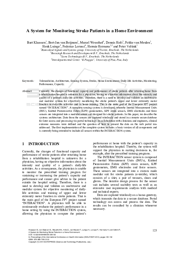 (PDF) A System for Monitoring Stroke Patients in a Home Environment
