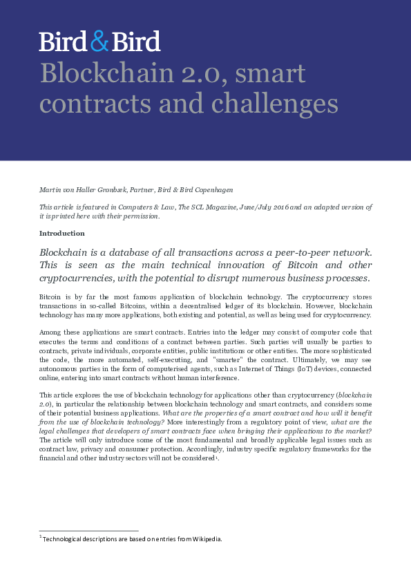 (PDF) Blockchain 2.0, smart contracts and challenges