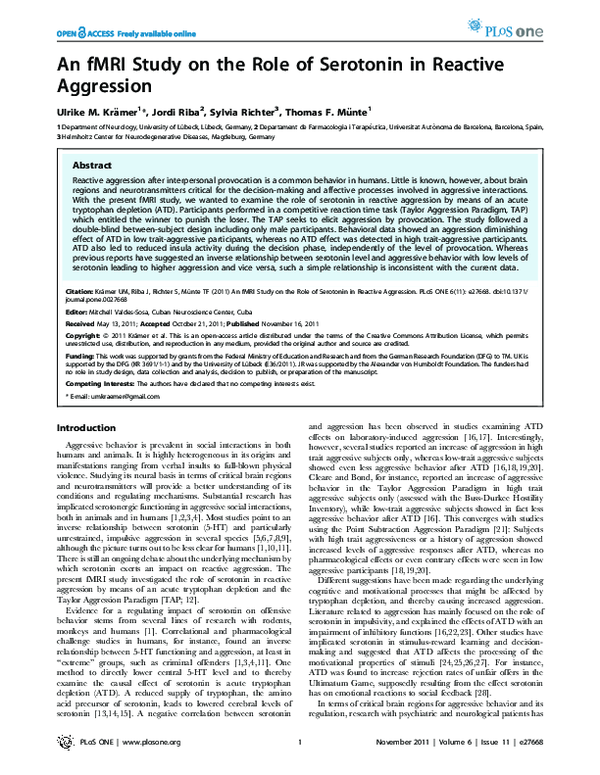 (PDF) An fMRI Study on the Role of Serotonin in Reactive Aggression