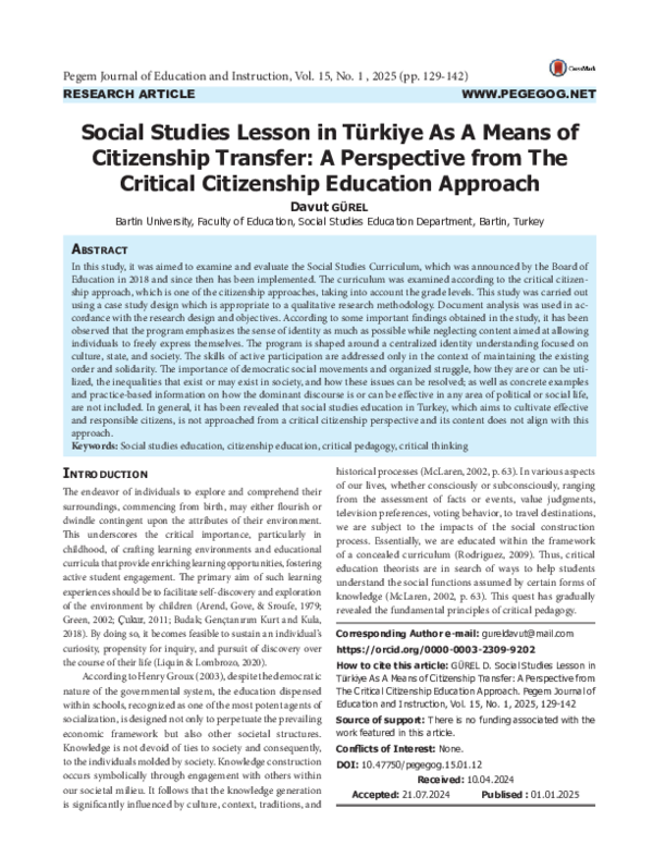 (PDF) Social Studies Lesson in Türkiye As A Means of Citizenship ...