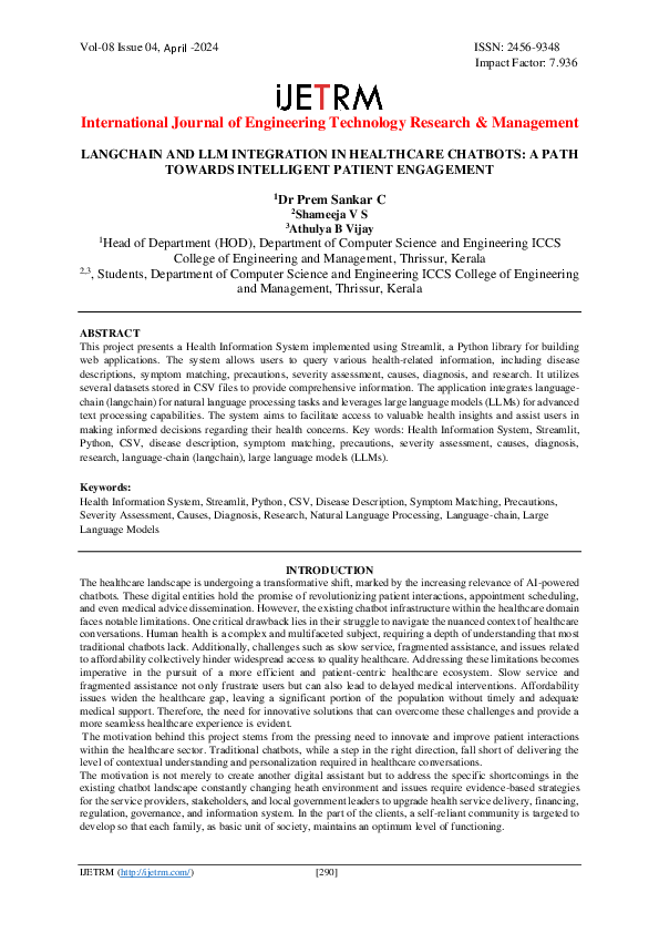(PDF) LANGCHAIN AND LLM INTEGRATION IN HEALTHCARE CHATBOTS: A PATH ...