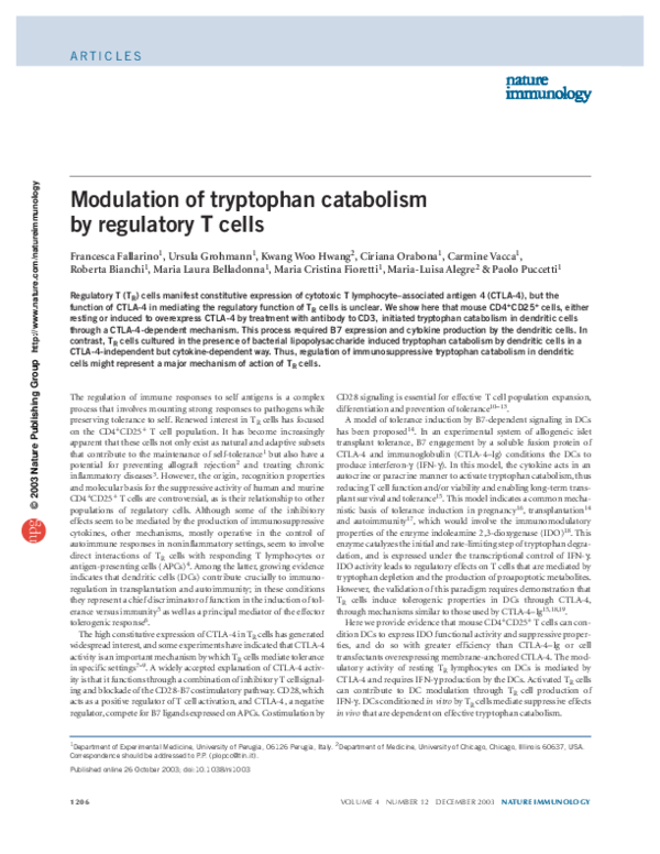 (PDF) Modulation of tryptophan catabolism by regulatory T cells