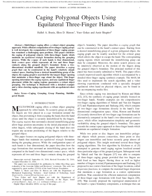 (PDF) Caging Polygonal Objects Using Equilateral Three-Finger Hands
