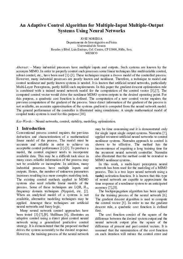 (PDF) An Adaptive Control Algorithm for Multiple-Input Multiple-Output ...