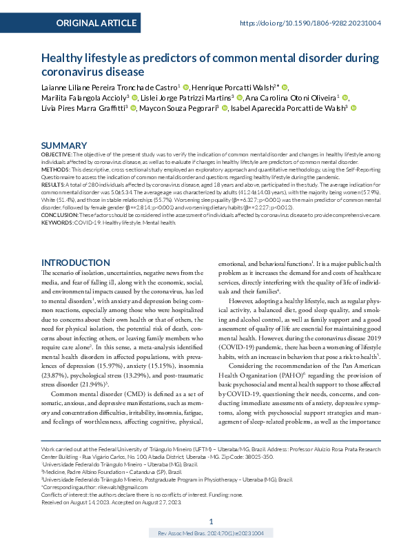 (PDF) Healthy lifestyle as predictors of common mental disorder during ...