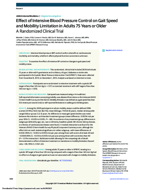 (PDF) Effect of Intensive Blood Pressure Control on Gait Speed and ...