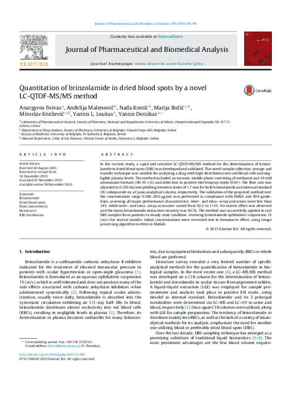 (PDF) Quantitation of brinzolamide in dried blood spots by a novel LC ...