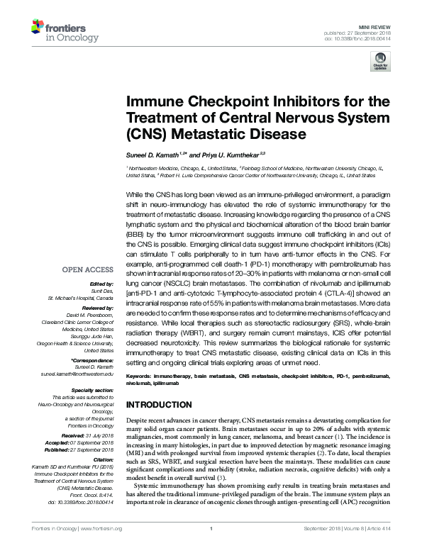 (PDF) Immune Checkpoint Inhibitors for the Treatment of Central Nervous ...