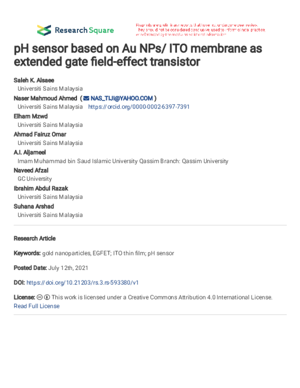 (PDF) pH sensor based on AuNPs/ ITO membrane as extended gate field ...
