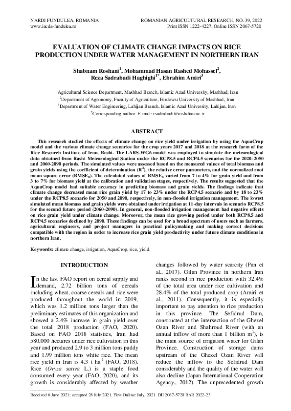 (PDF) Evaluation of Climate Change Impacts on Rice Production under ...