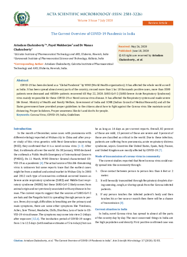 (PDF) The Current Overview of COVID-19 Pandemic in India