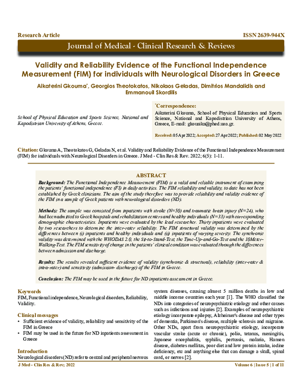 (PDF) Validity and Reliability Evidence of the Functional Independence ...