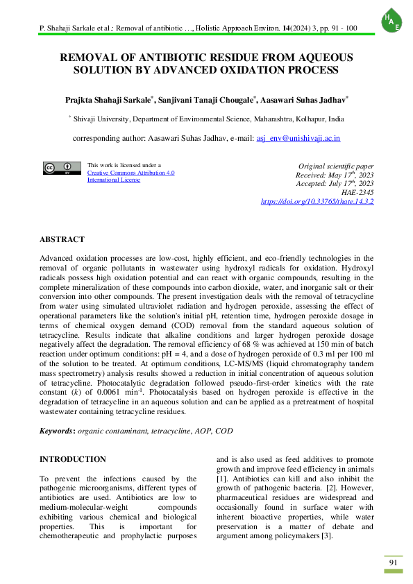 (PDF) Removal of antibiotic residue from aqueous solution by advanced ...