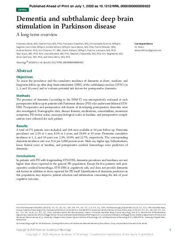 (PDF) Dementia and subthalamic deep brain stimulation in Parkinson disease