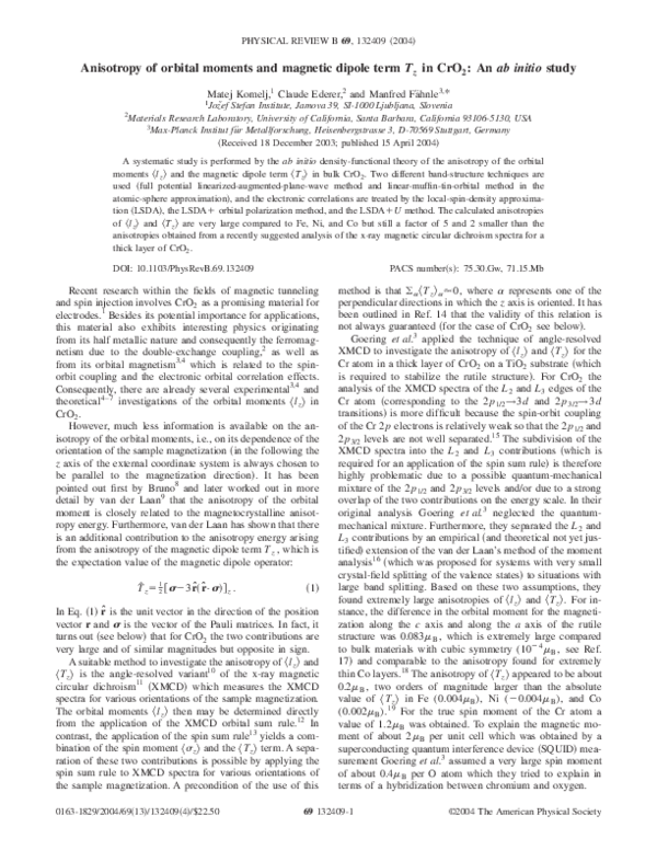 (PDF) Anisotropy of orbital moments and magnetic dipole term Tz in CrO2 ...