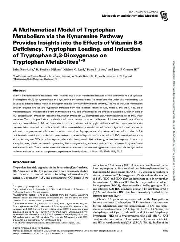 (PDF) A Mathematical Model of Tryptophan Metabolism via the Kynurenine ...