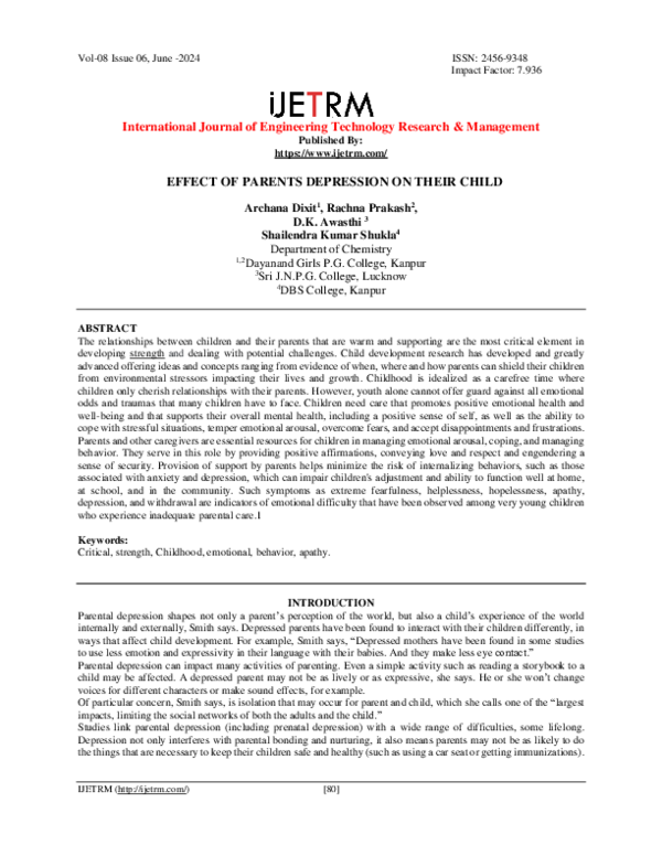 (PDF) EFFECT OF PARENTS DEPRESSION ON THEIR CHILD