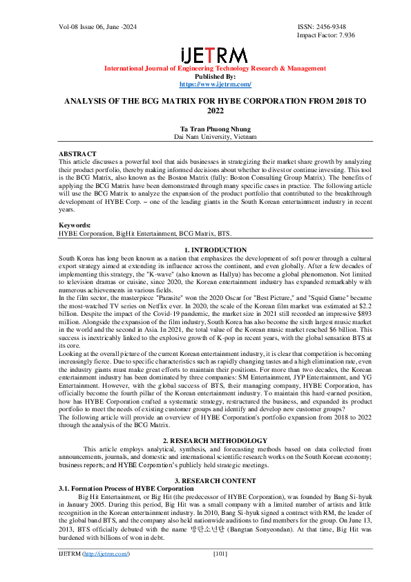 (PDF) ANALYSIS OF THE BCG MATRIX FOR HYBE CORPORATION FROM 2018 TO 2022