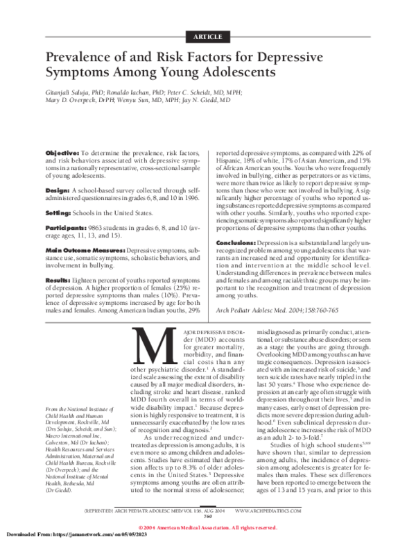(PDF) Prevalence of and Risk Factors for Depressive Symptoms Among ...
