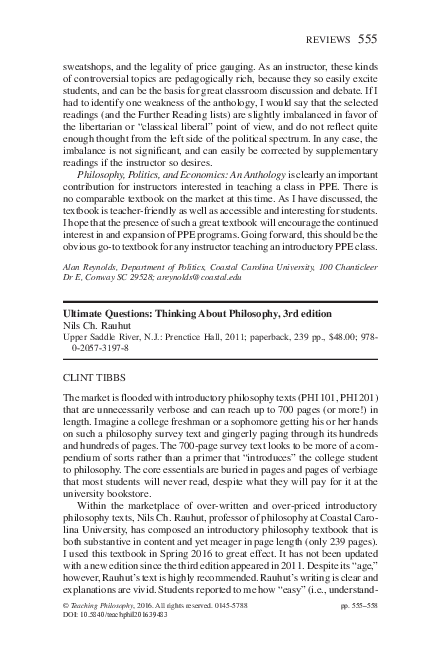 (PDF) A Review: Ultimate Questions: Thinking About Philosophy, 3rd edition, by Nils Ch. Rauhut