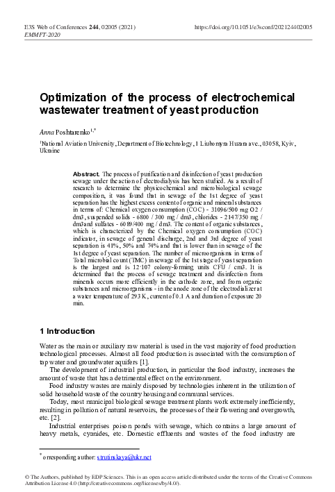 (PDF) Optimization of the process of electrochemical wastewater ...