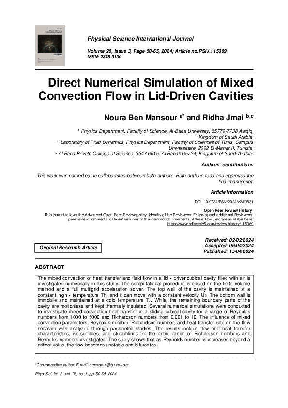 (PDF) Direct Numerical Simulation of Mixed Convection Flow in Lid ...