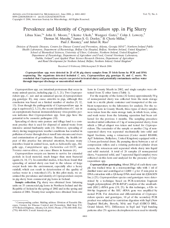 (PDF) Prevalence and Identity of Cryptosporidium spp. in Pig Slurry