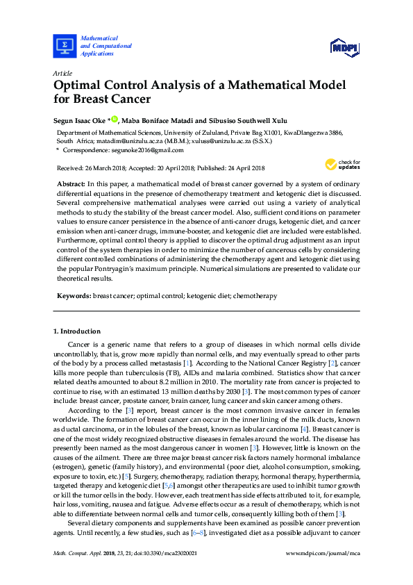 (PDF) Optimal Control Analysis of a Mathematical Model for Breast Cancer