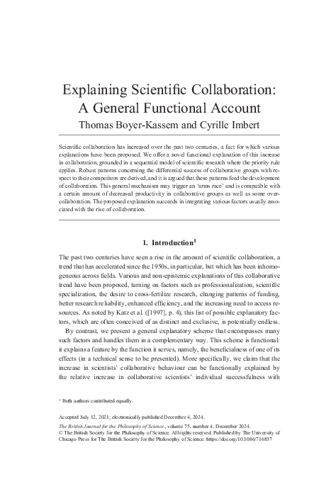 (PDF) Explaining Scientific Collaboration: A General Functional Account