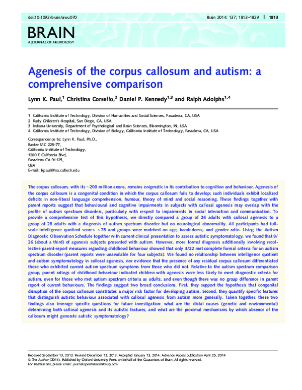 (PDF) Agenesis of the corpus callosum and autism: a comprehensive ...