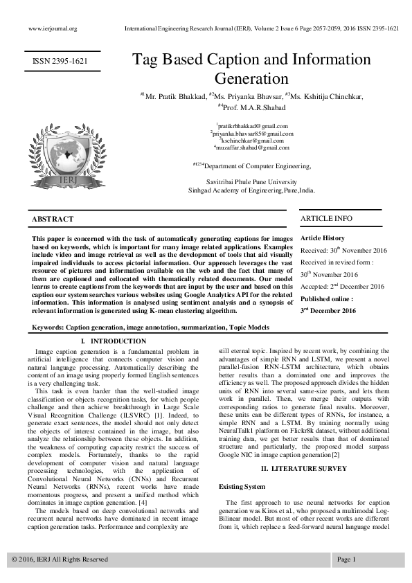 (PDF) Tag Based Caption and Information Generation