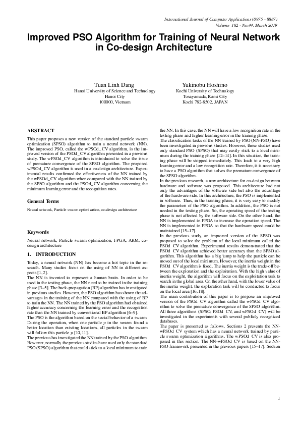 (PDF) Improved PSO Algorithm for Training of Neural Network in Co ...