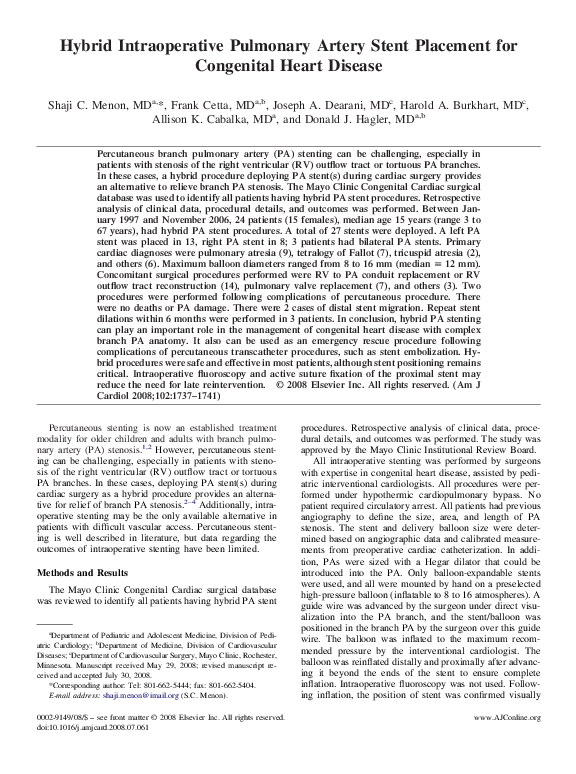 (PDF) Hybrid Intraoperative Pulmonary Artery Stent Placement for ...