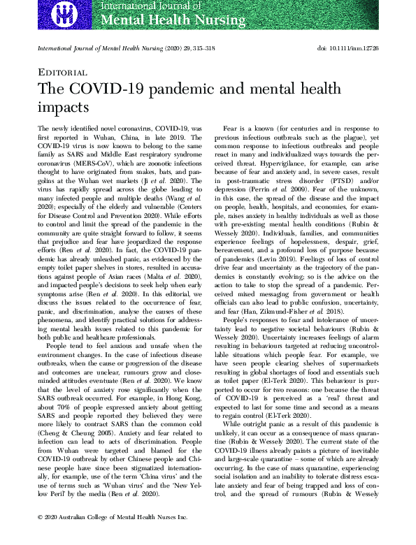 (PDF) The COVID‐19 pandemic and mental health impacts
