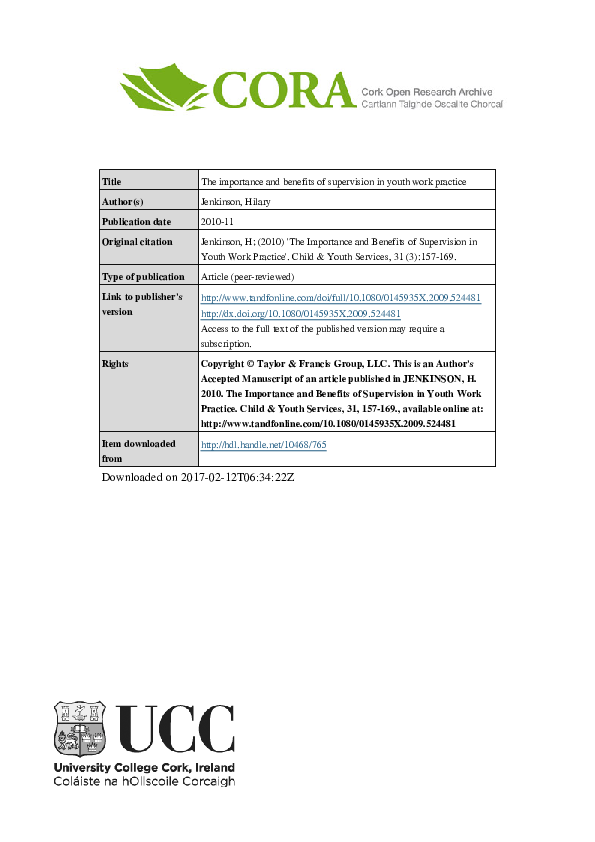(PDF) The Importance and Benefits of Supervision in Youth Work Practice