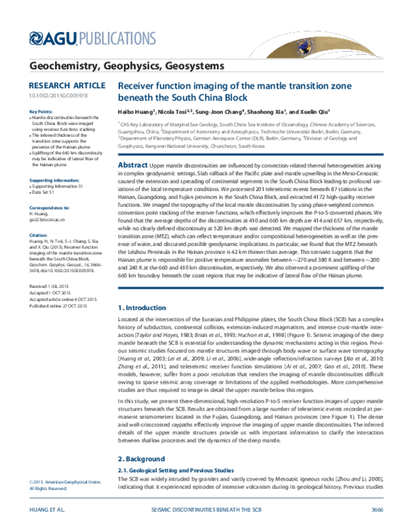 (PDF) Receiver function imaging of the mantle transition zone beneath ...