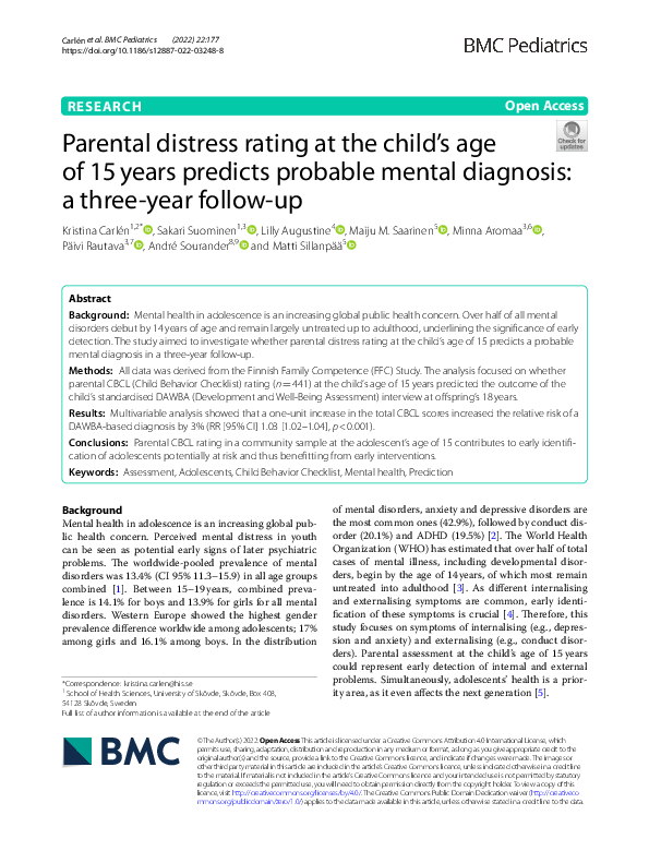 (PDF) Parental distress rating at the child’s age of 15 years predicts ...