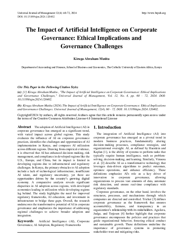 (PDF) The Impact of Artificial Intelligence on Corporate Governance ...