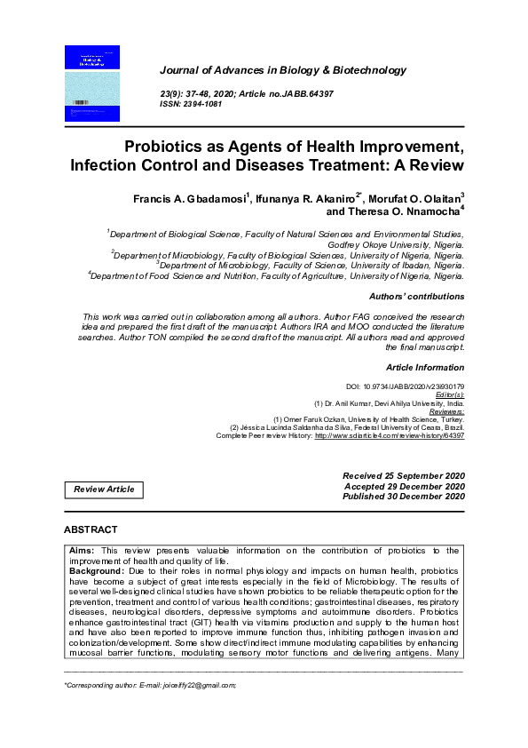 (PDF) Probiotics as Agents of Health Improvement, Infection Control and ...