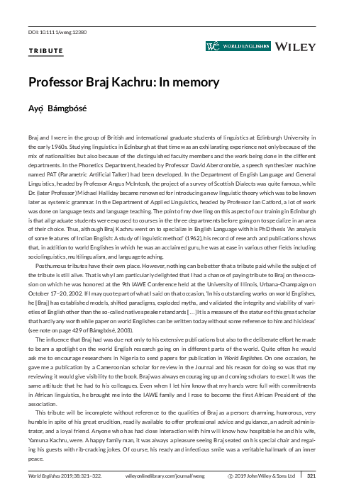 (PDF) Professor Braj Kachru: In memory