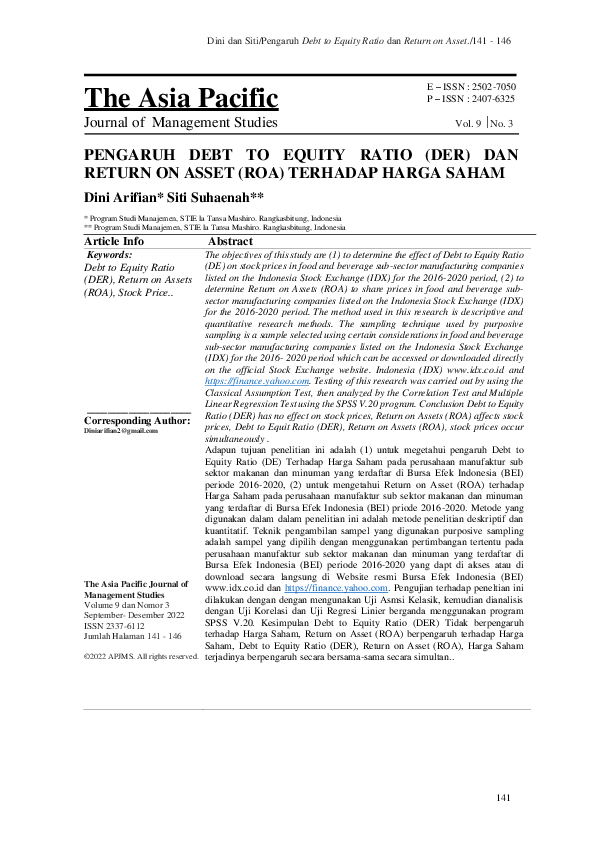 (PDF) Pengaruh Debt to Equity Ratio (Der) Dan Return on Asset (Roa ...